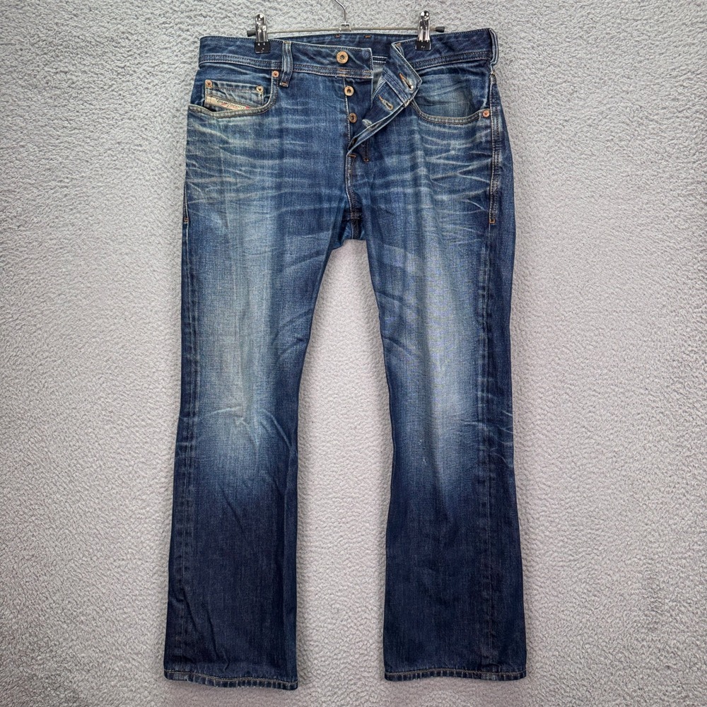 Diesel Jeans Mens 33x32 Blue Zatiny Bootcut Medium Wash Italy Y2K Distressed